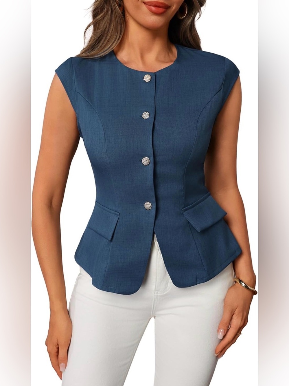 Winkbay Blue Button Front Cap Sleeve Work Blouse Size Large Missing Button
